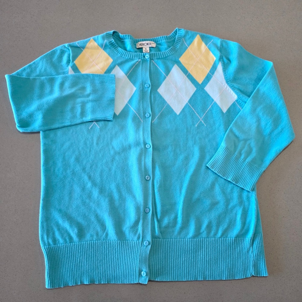 Cherokee Argyle Cardigan Sweater Turquoise Blue Yellow XL Button Front Knit